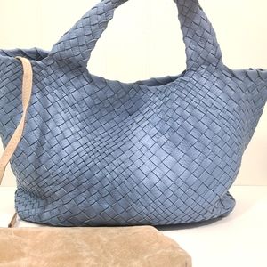 Falor Woven Leather Tote Made In Italy Unlined Bag With Attached Zip Pouch HTF